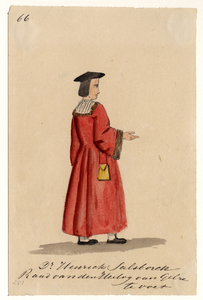 32744 Afbeelding van een kostuumontwerp van dr. Henrick Salsborch, raad van de hertog van Gelre, figurant in de ...